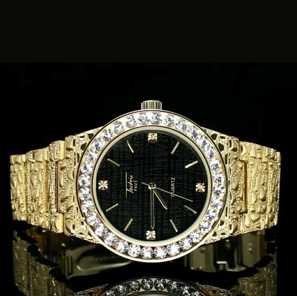 Mens Nugget Design Watch & Bracelet Set 14k Gold P - Picture 3 of 4